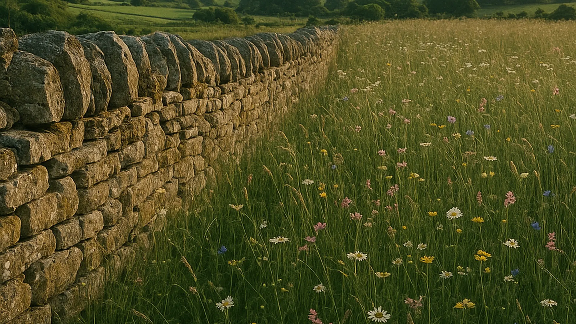 A drystone wall beside a wildflower meadow in the Cotswolds